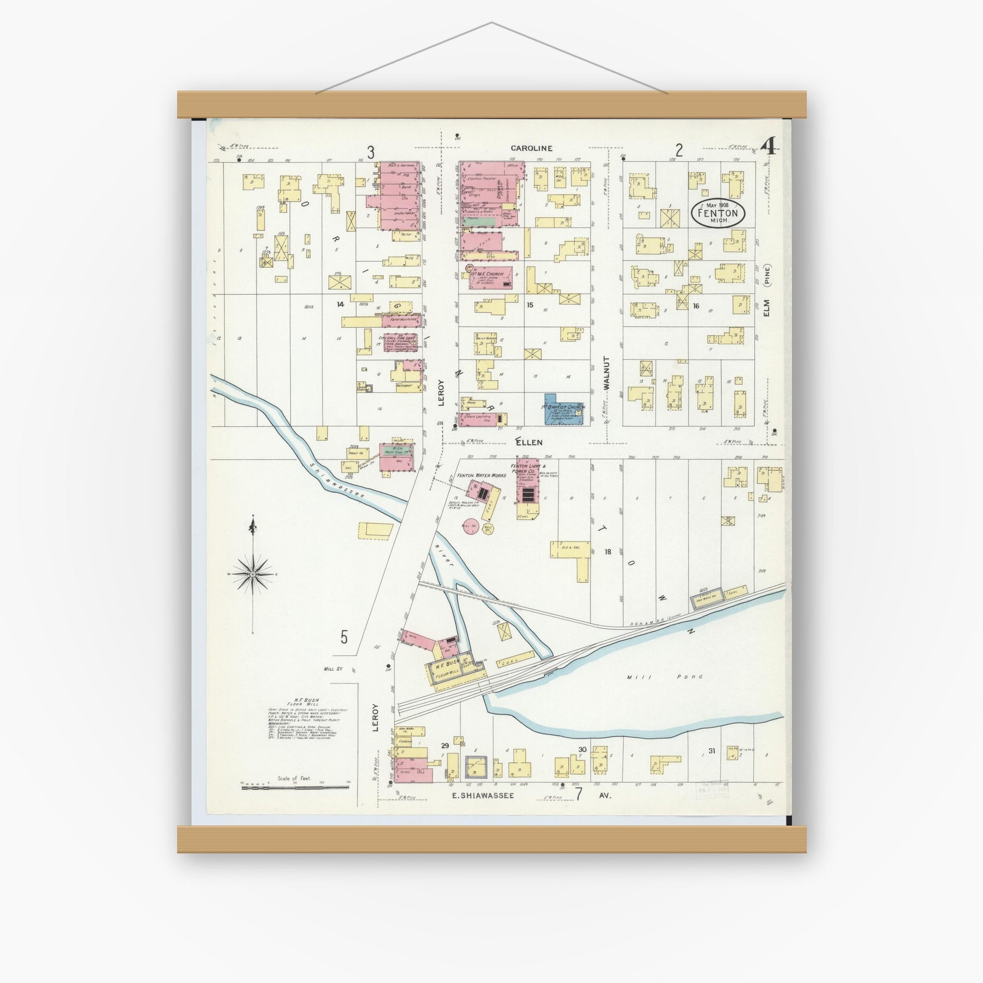 Old map wall art mockup — magnetic wood frame on white wall — Sanborn Fire Insurance Map from Fenton, Genesee County, Michigan (1908), Sheet #0004
