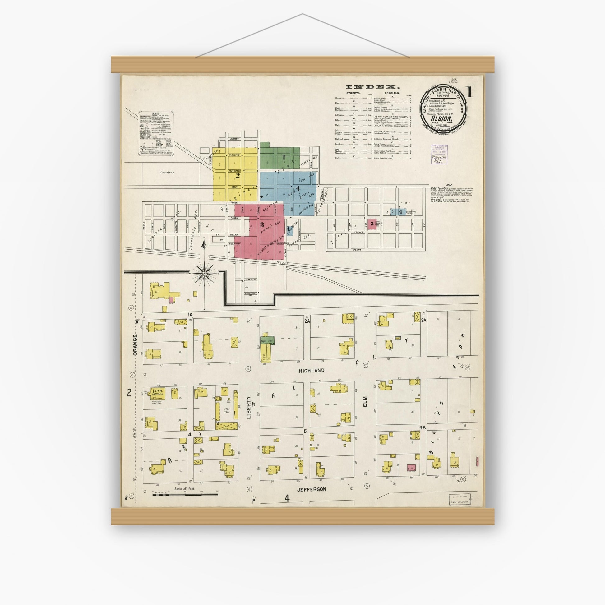 Old map wall art mockup — magnetic wood frame on white wall — Sanborn Fire Insurance Map from Albion, Noble County, Indiana (1901), Sheet #0001