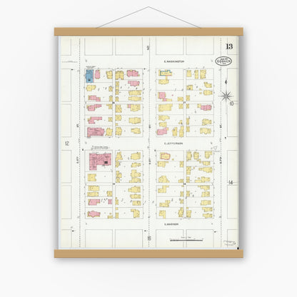 Old map wall art mockup — magnetic wood frame on white wall — Sanborn Fire Insurance Map from Goshen, Elkhart County, Indiana (1905), Sheet #0013