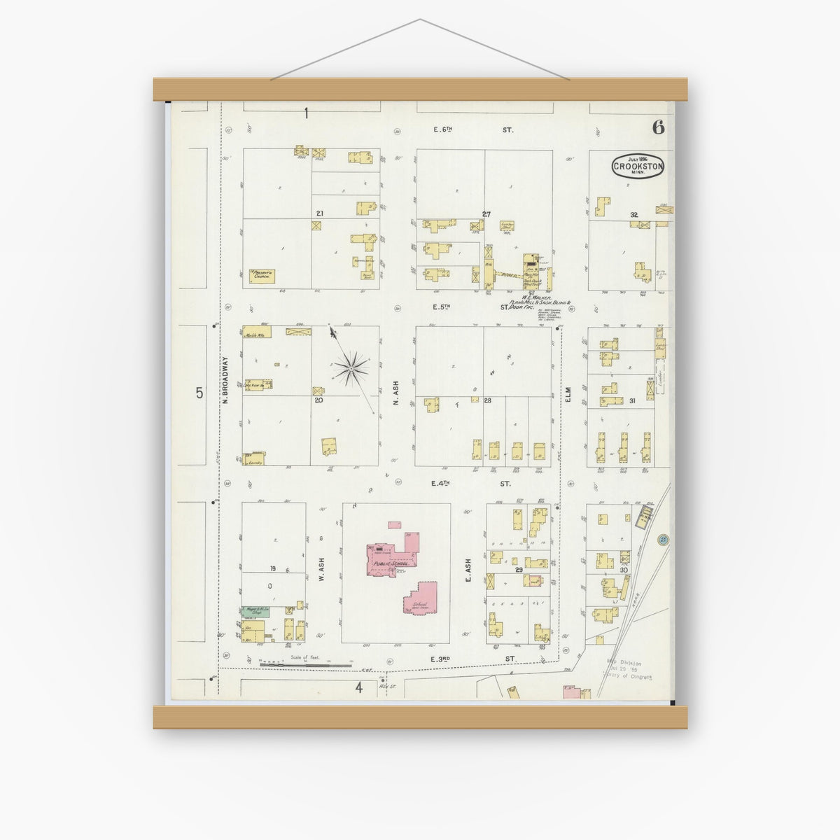 Old map wall art mockup — magnetic wood frame on white wall — Sanborn Fire Insurance Map from Crookston, Polk County, Minnesota (1896), Sheet #0006