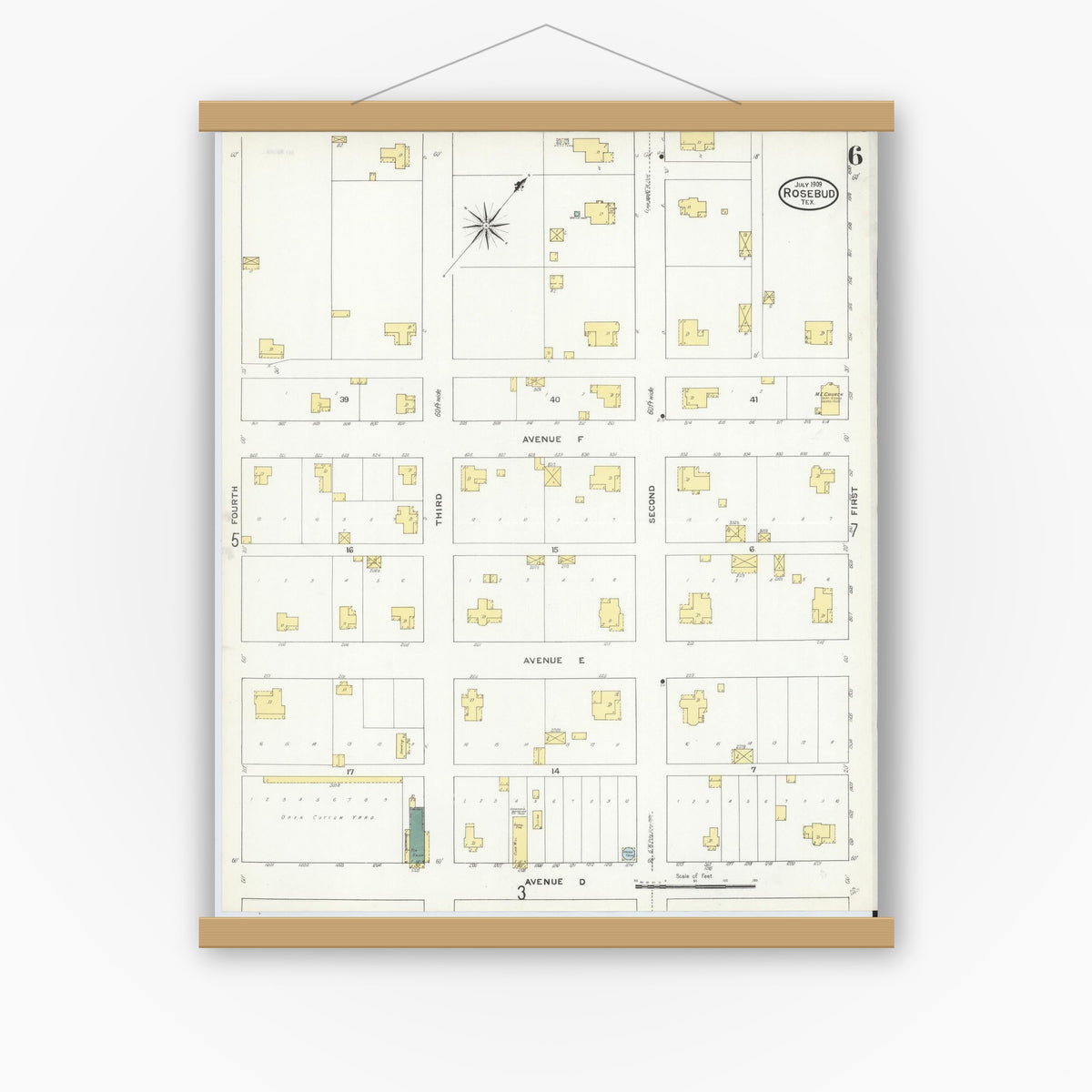 Old map wall art mockup — magnetic wood frame on white wall — Sanborn Fire Insurance Map from Rosebud, Falls County, Texas (1909), Sheet #0006
