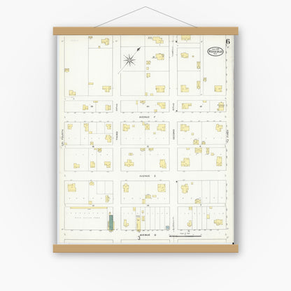 Old map wall art mockup — magnetic wood frame on white wall — Sanborn Fire Insurance Map from Rosebud, Falls County, Texas (1909), Sheet #0006