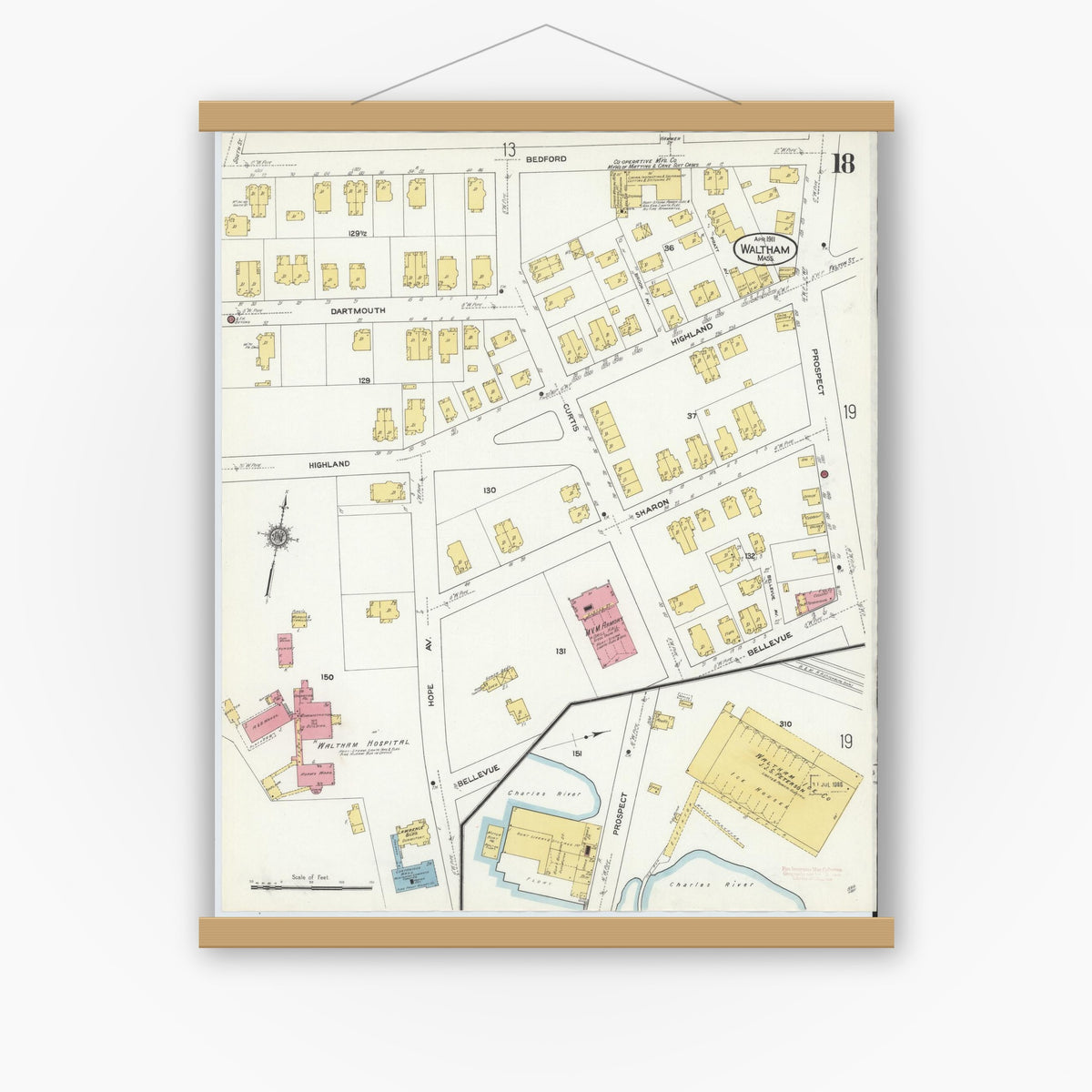 Old map wall art mockup — magnetic wood frame on white wall — Sanborn Fire Insurance Map from Waltham, Middlesex County, Massachusetts (1911), Sheet #0018