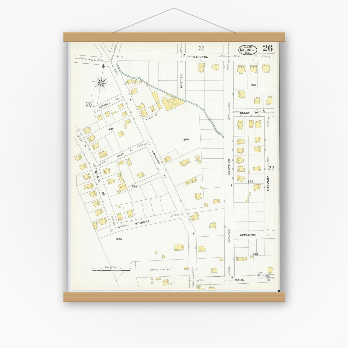 Old map wall art mockup — magnetic wood frame on white wall — Sanborn Fire Insurance Map from Melrose, Middlesex County, Massachusetts (1909), Sheet #0026