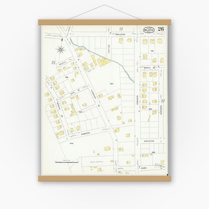Old map wall art mockup — magnetic wood frame on white wall — Sanborn Fire Insurance Map from Melrose, Middlesex County, Massachusetts (1909), Sheet #0026
