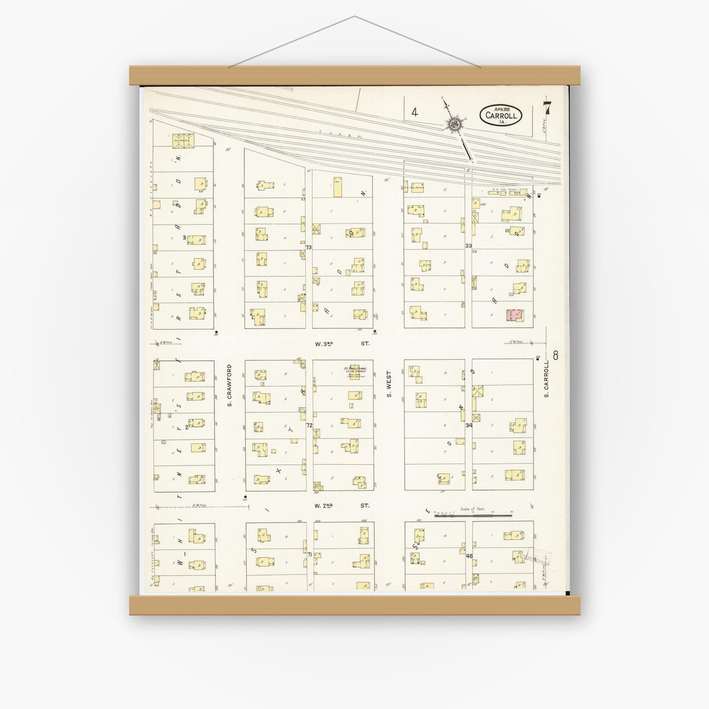 Old map wall art mockup — magnetic wood frame on white wall — Sanborn Fire Insurance Map from Carroll, Carroll County, Iowa (1915), Sheet #0007