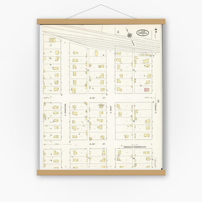 Old map wall art mockup — magnetic wood frame on white wall — Sanborn Fire Insurance Map from Carroll, Carroll County, Iowa (1915), Sheet #0007