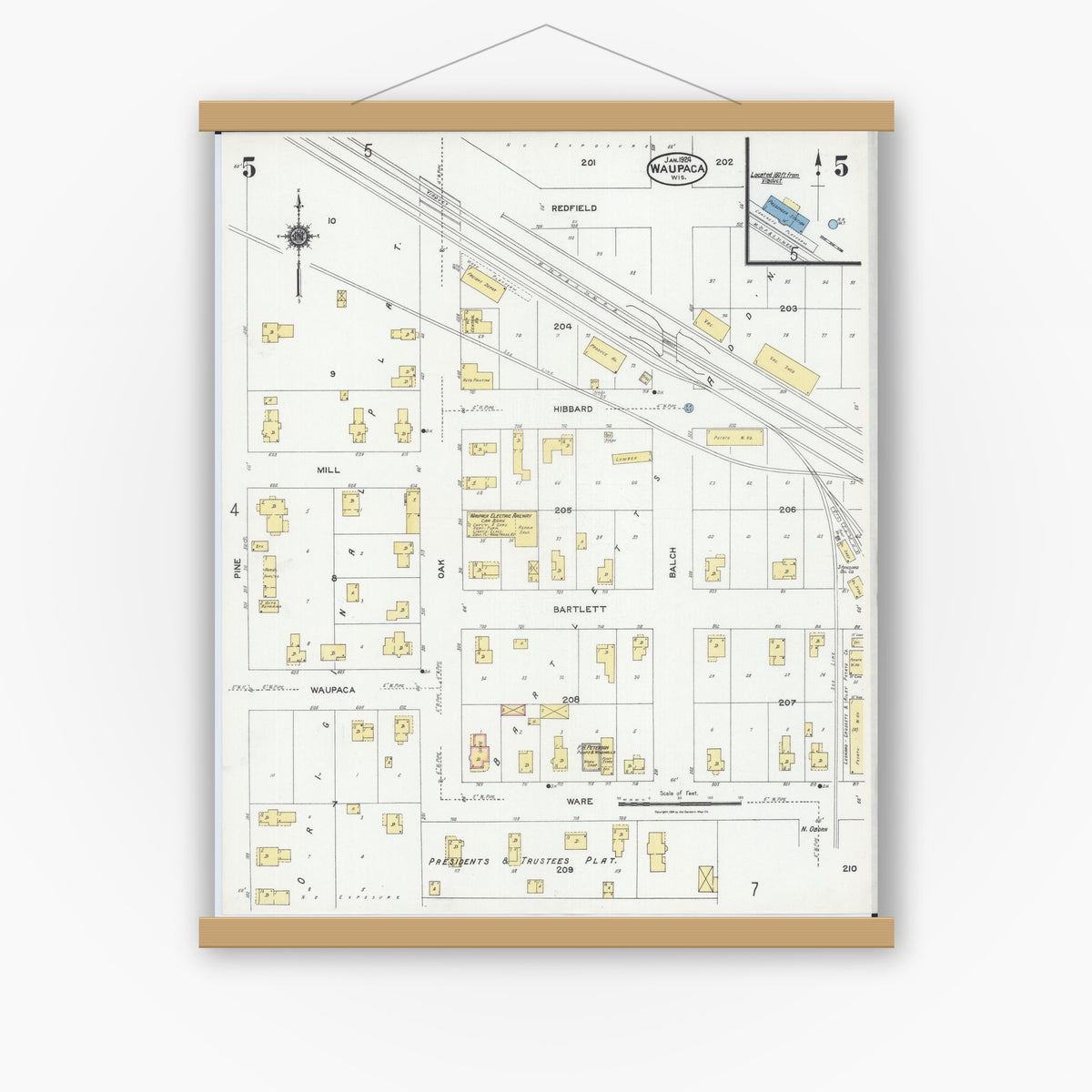 Old map wall art mockup — magnetic wood frame on white wall — Sanborn Fire Insurance Map from Waupaca, Waupaca County, Wisconsin (1924), Sheet #0005