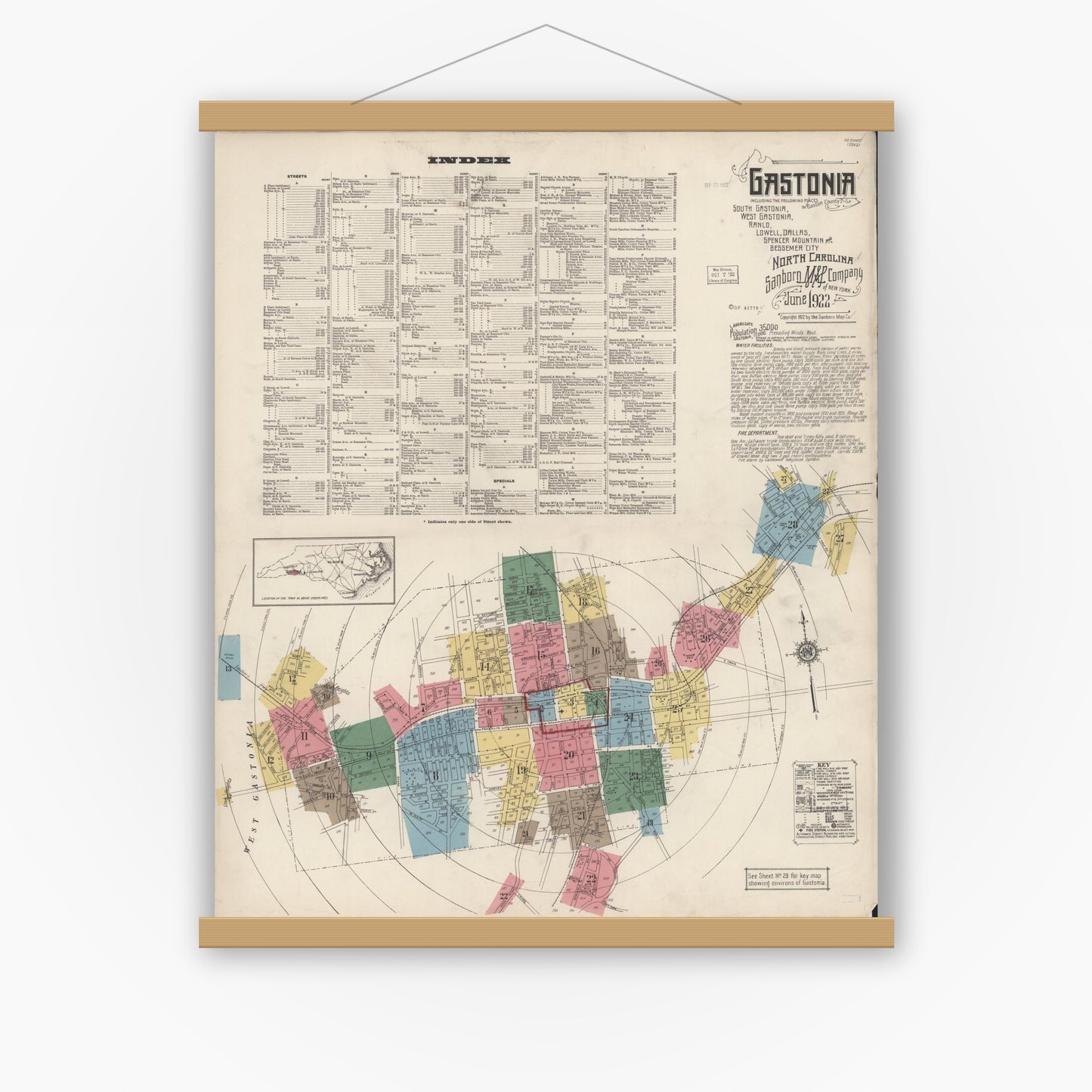 Old map wall art mockup — magnetic wood frame on white wall — Sanborn Fire Insurance Map from Gastonia, Gaston County, North Carolina (1922), Sheet #0001