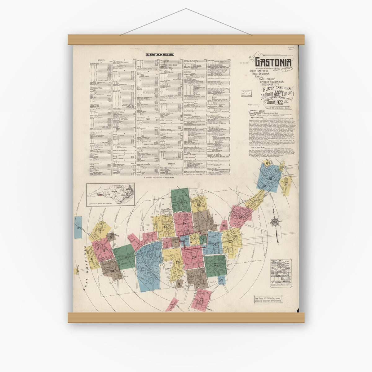 Old map wall art mockup — magnetic wood frame on white wall — Sanborn Fire Insurance Map from Gastonia, Gaston County, North Carolina (1922), Sheet #0001