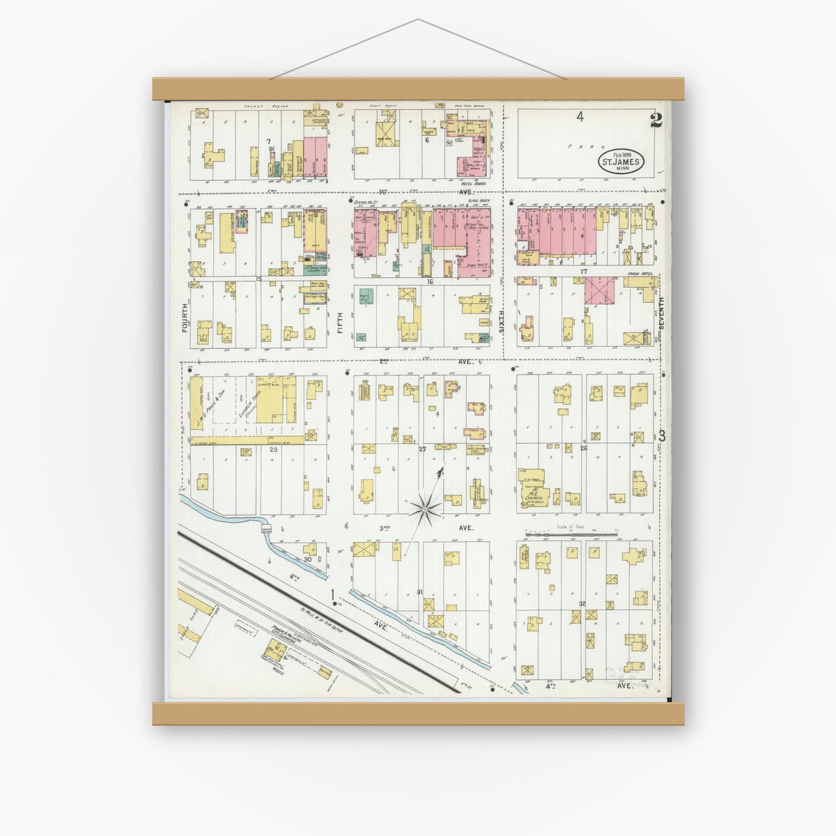 Old map wall art mockup — magnetic wood frame on white wall — Sanborn Fire Insurance Map from Saint James, Watonwan County, Minnesota (1899), Sheet #0002
