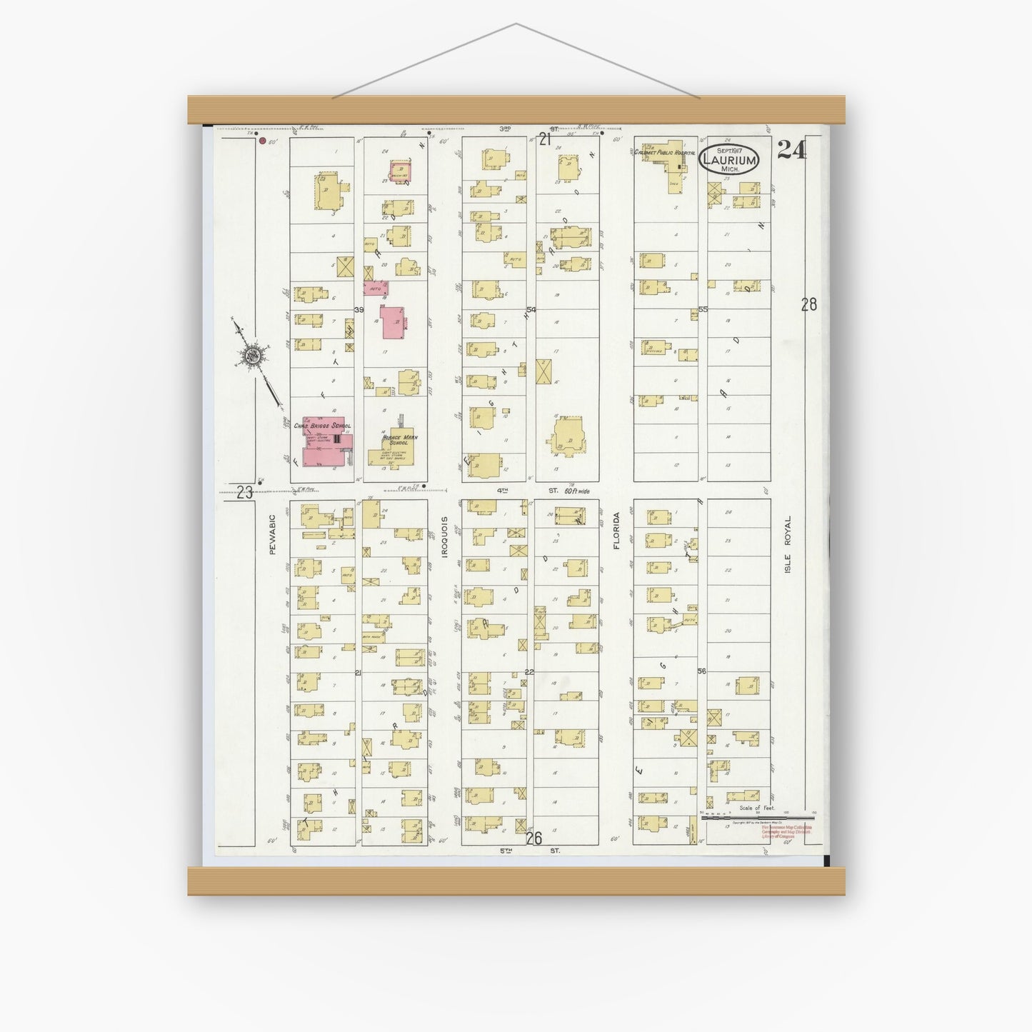 Old map wall art mockup — magnetic wood frame on white wall — Sanborn Fire Insurance Map from Laurium, Houghton County, Michigan (1917), Sheet #0024