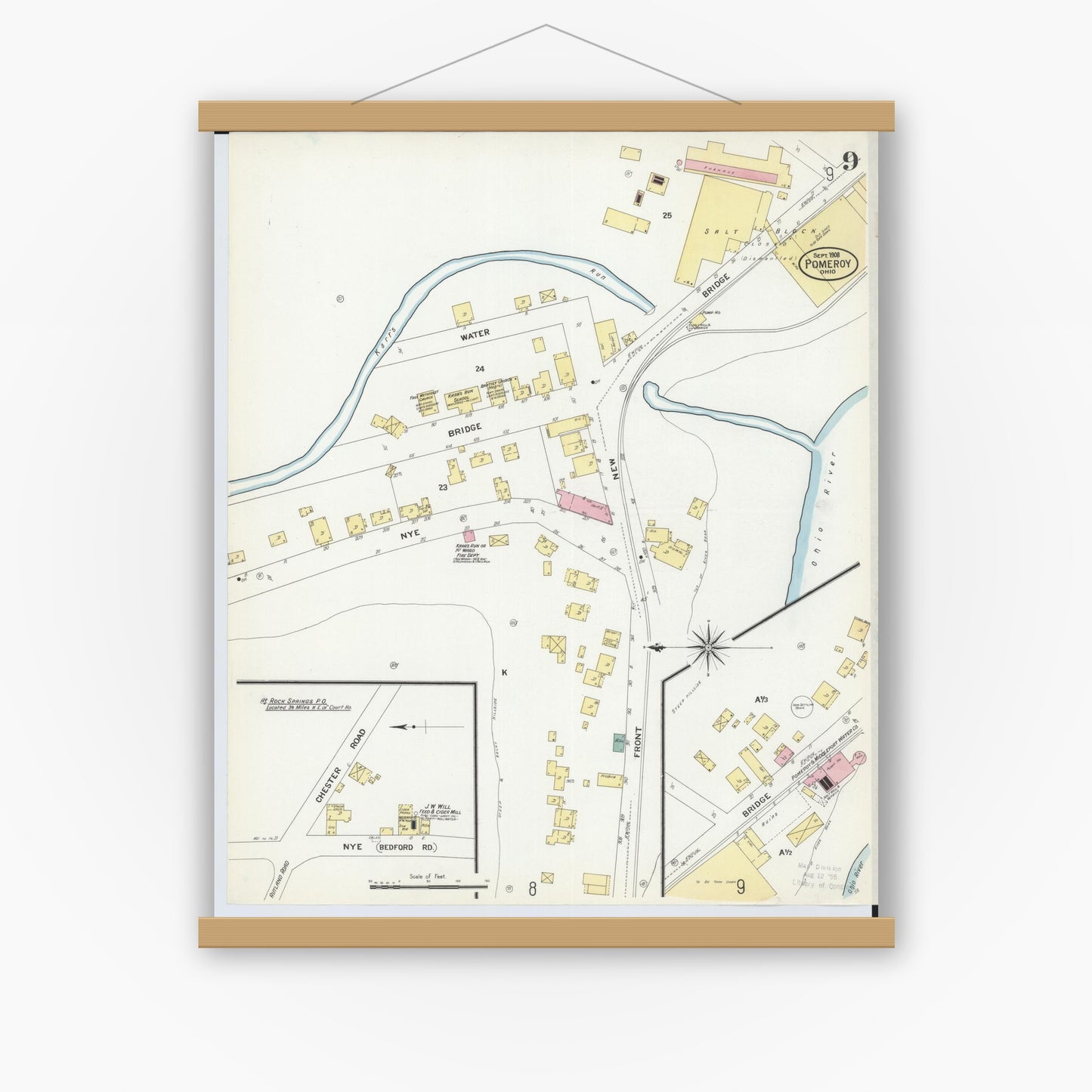 Old map wall art mockup — magnetic wood frame on white wall — Sanborn Fire Insurance Map from Pomeroy, Meigs County, Ohio (1908), Sheet #0009
