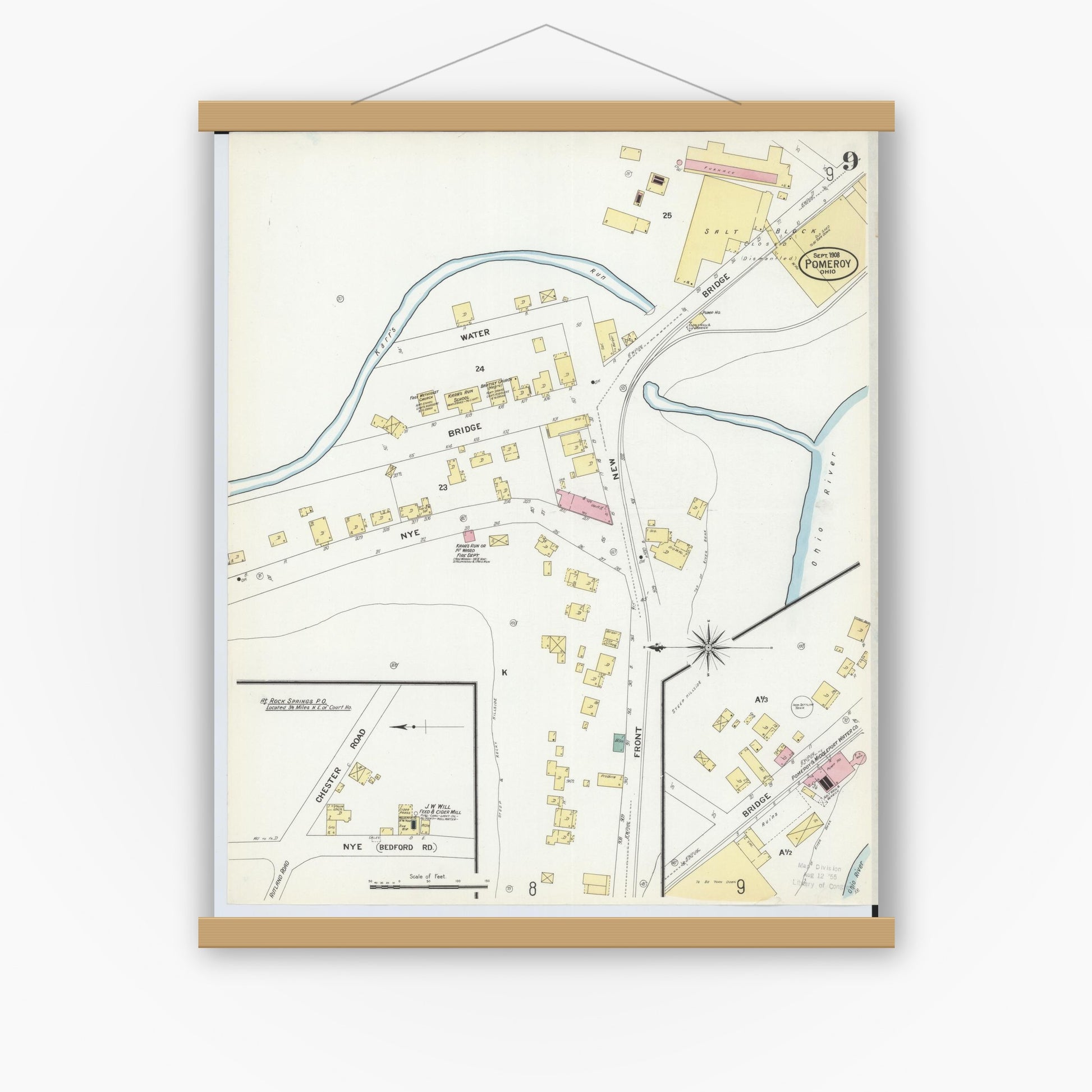Old map wall art mockup — magnetic wood frame on white wall — Sanborn Fire Insurance Map from Pomeroy, Meigs County, Ohio (1908), Sheet #0009