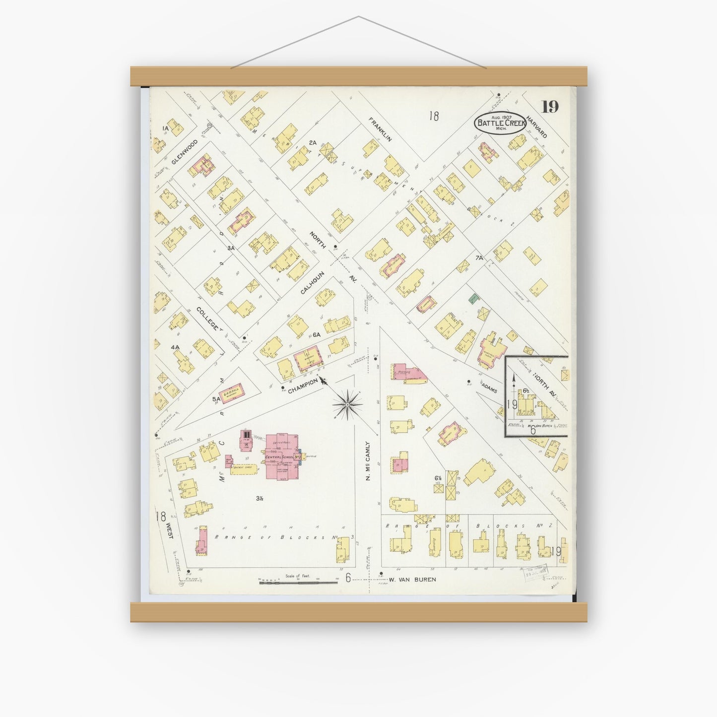 Old map wall art mockup — magnetic wood frame on white wall — Sanborn Fire Insurance Map from Battle Creek, Calhoun County, Michigan (1907), Sheet #0019