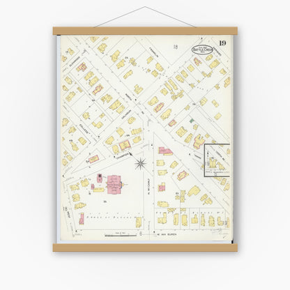 Old map wall art mockup — magnetic wood frame on white wall — Sanborn Fire Insurance Map from Battle Creek, Calhoun County, Michigan (1907), Sheet #0019