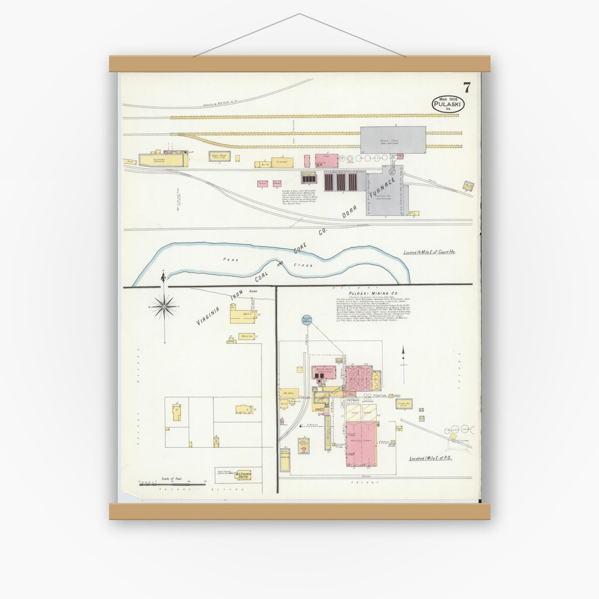 Old map wall art mockup — magnetic wood frame on white wall — Sanborn Fire Insurance Map from Pulaski, Pulaski County, Virginia (1908), Sheet #0007