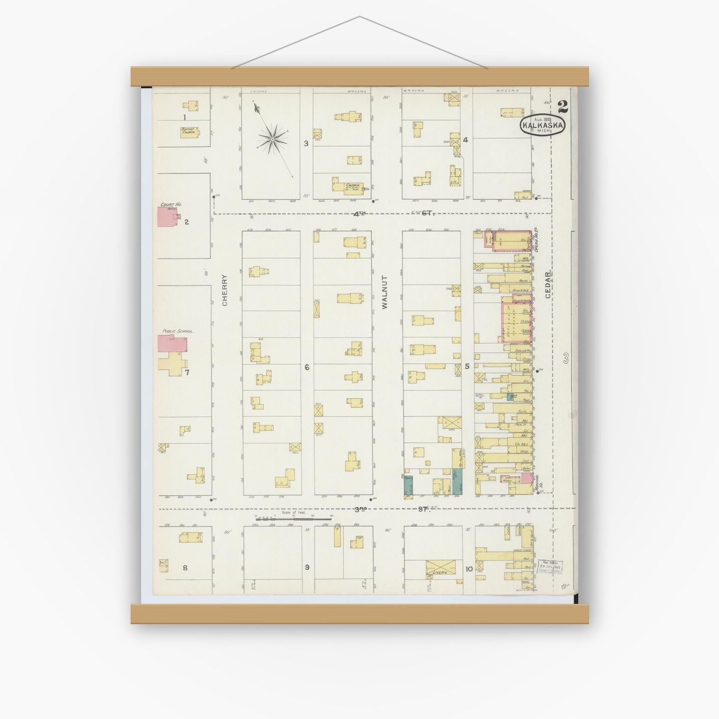 Old map wall art mockup — magnetic wood frame on white wall — Sanborn Fire Insurance Map from Kalkaska, Kalkaska County, Michigan (1893), Sheet #0002