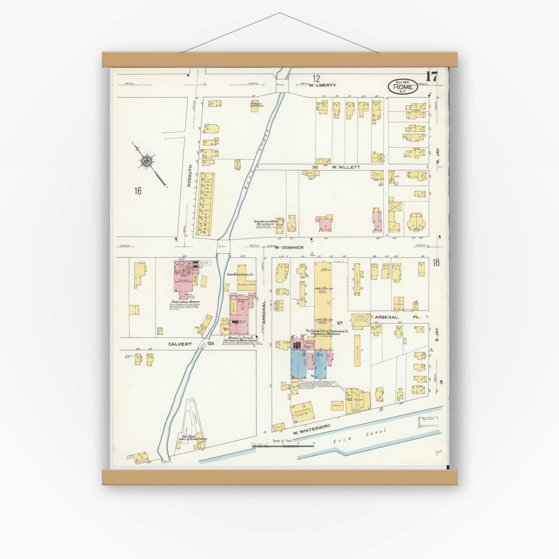Old map wall art mockup — magnetic wood frame on white wall — Sanborn Fire Insurance Map from Rome, Oneida County, New York (1909), Sheet #0017