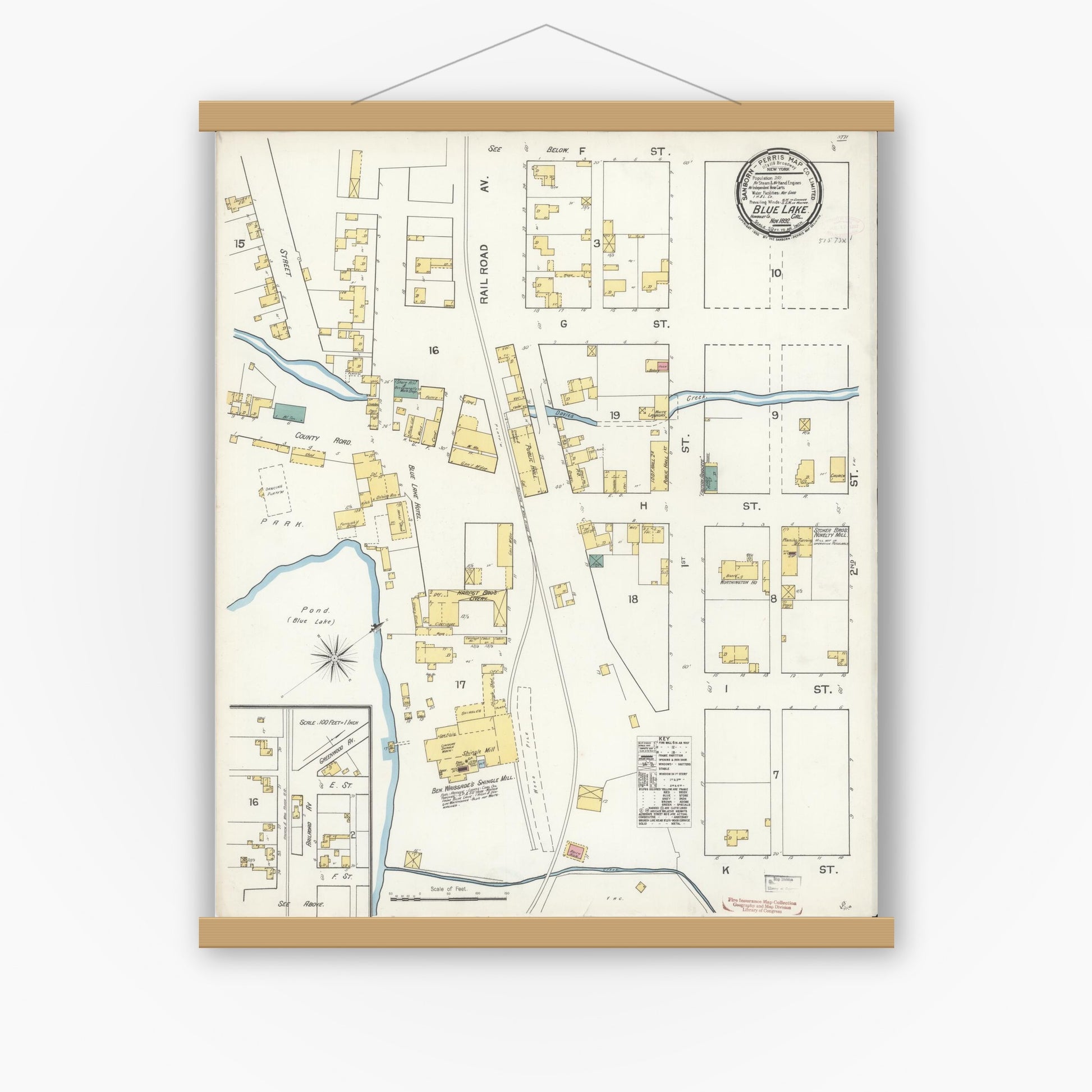 Old map wall art mockup — magnetic wood frame on white wall — Sanborn Fire Insurance Map from Blue Lake, Humboldt County, California (1892), Sheet #0001