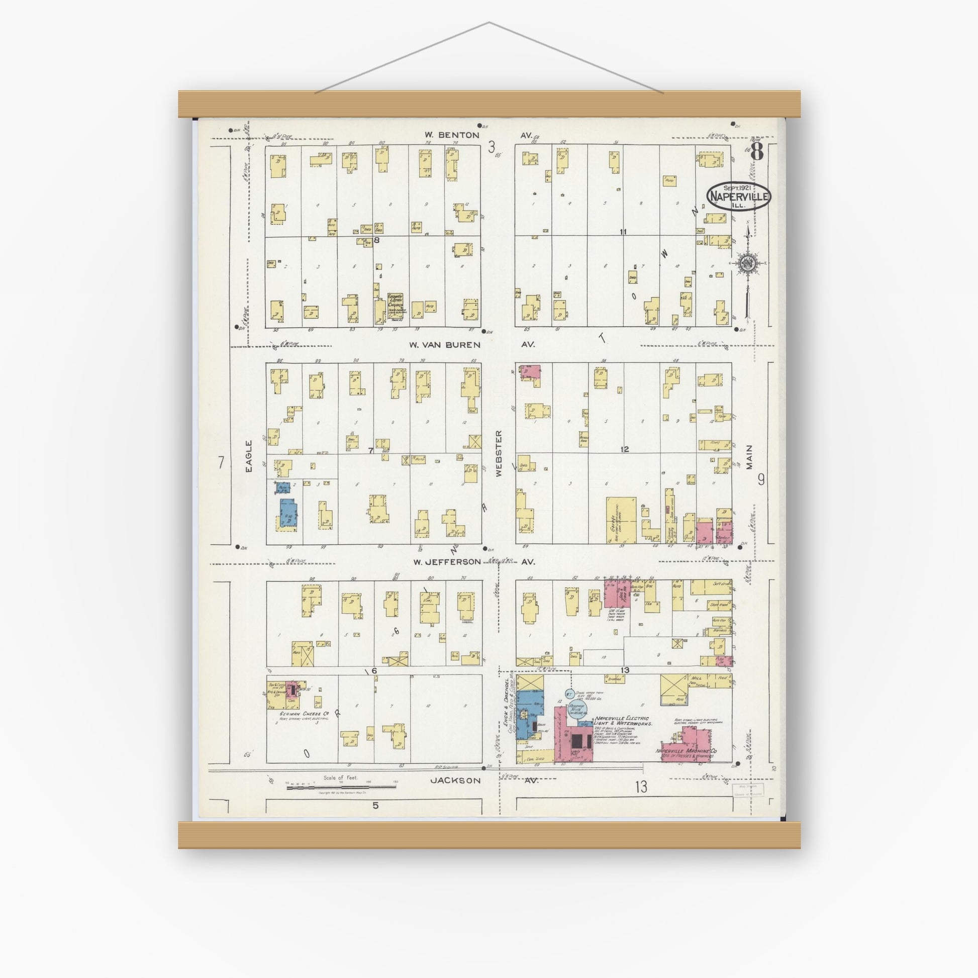 Old map wall art mockup — magnetic wood frame on white wall — Sanborn Fire Insurance Map from Naperville, Du Page County, Illinois (1921), Sheet #0008