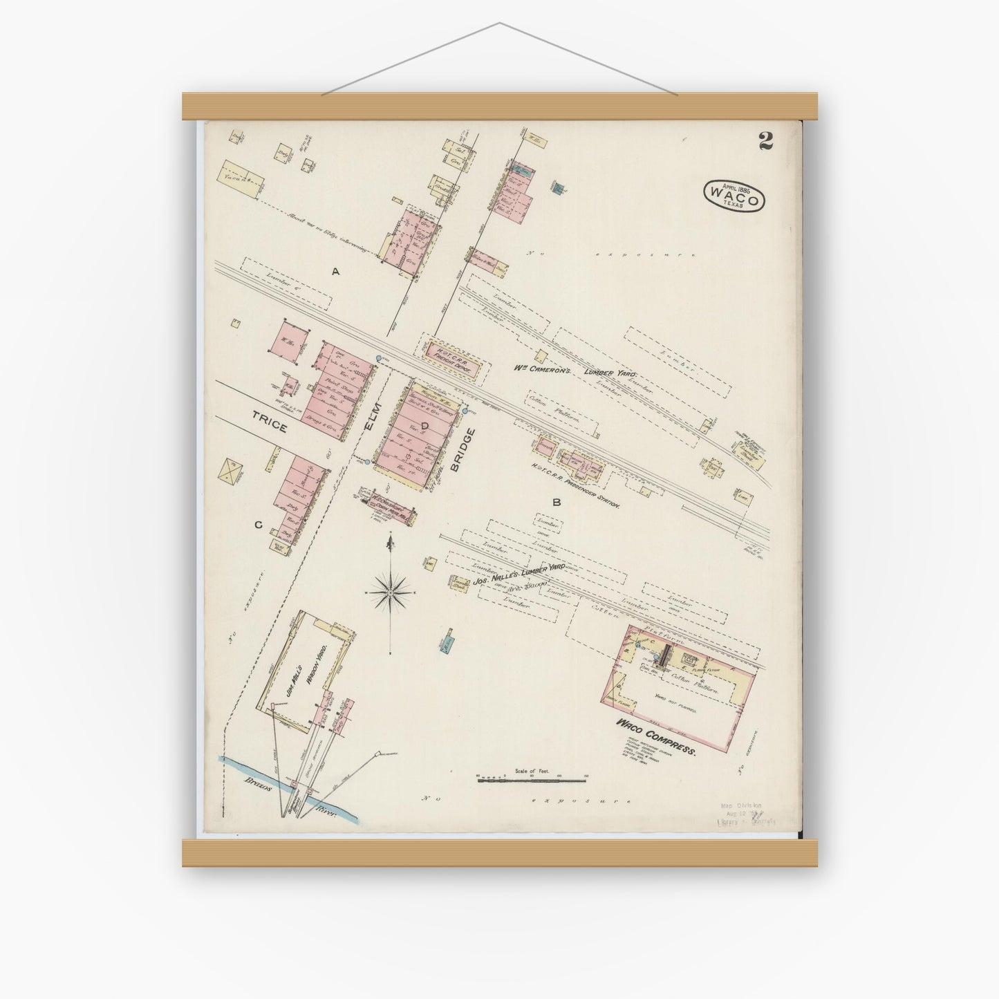 Old map wall art mockup — magnetic wood frame on white wall — Sanborn Fire Insurance Map from Waco, McLennan County, Texas (1885), Sheet #0002