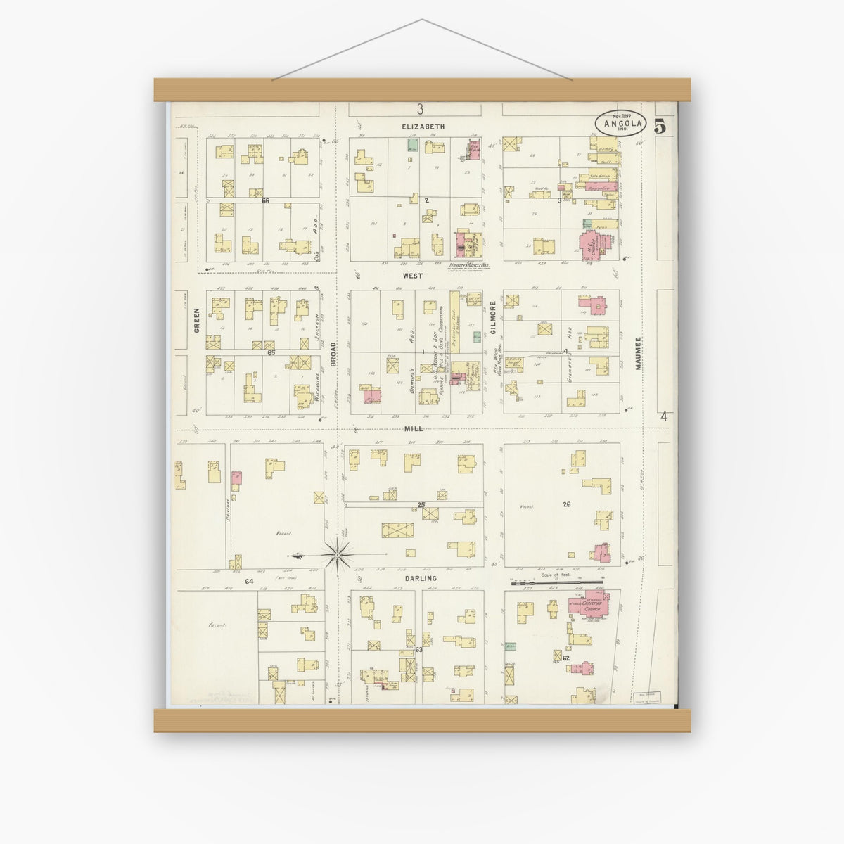 Old map wall art mockup — magnetic wood frame on white wall — Sanborn Fire Insurance Map from Angola, Steuben County, Indiana (1897), Sheet #0005