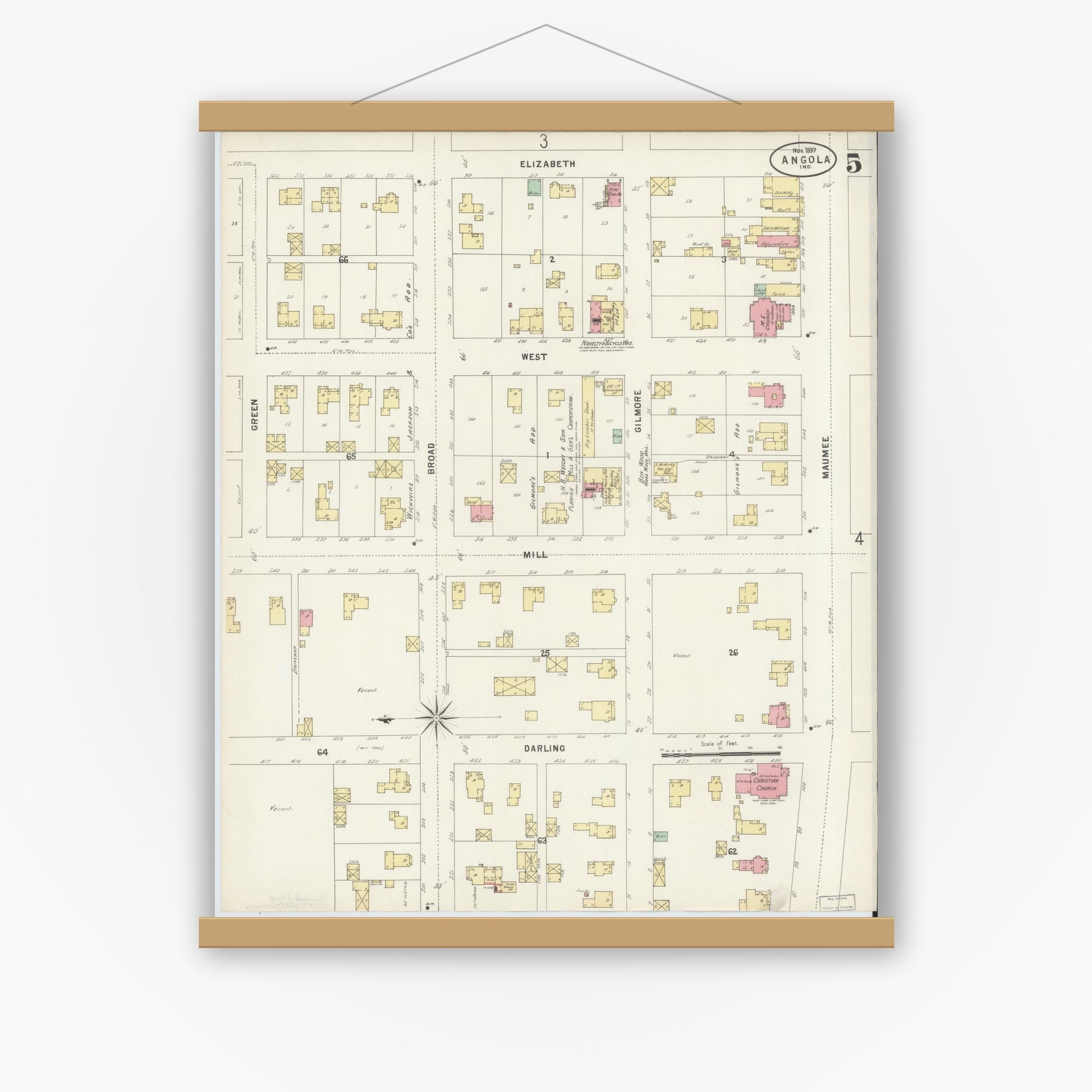 Old map wall art mockup — magnetic wood frame on white wall — Sanborn Fire Insurance Map from Angola, Steuben County, Indiana (1897), Sheet #0005