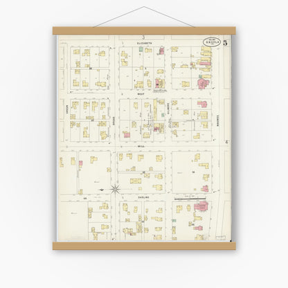 Old map wall art mockup — magnetic wood frame on white wall — Sanborn Fire Insurance Map from Angola, Steuben County, Indiana (1897), Sheet #0005