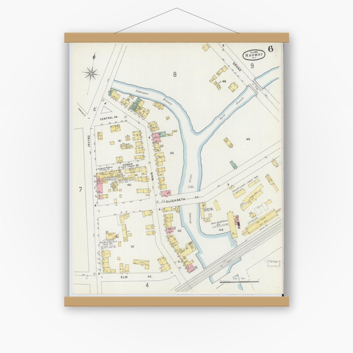 Old map wall art mockup — magnetic wood frame on white wall — Sanborn Fire Insurance Map from Rahway, Union County, New Jersey (1896), Sheet #0006