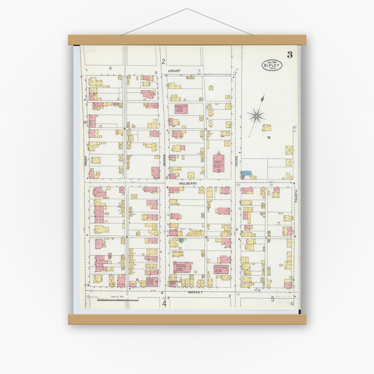 Old map wall art mockup — magnetic wood frame on white wall — Sanborn Fire Insurance Map from Ripley, Brown County, Ohio (1904), Sheet #0003