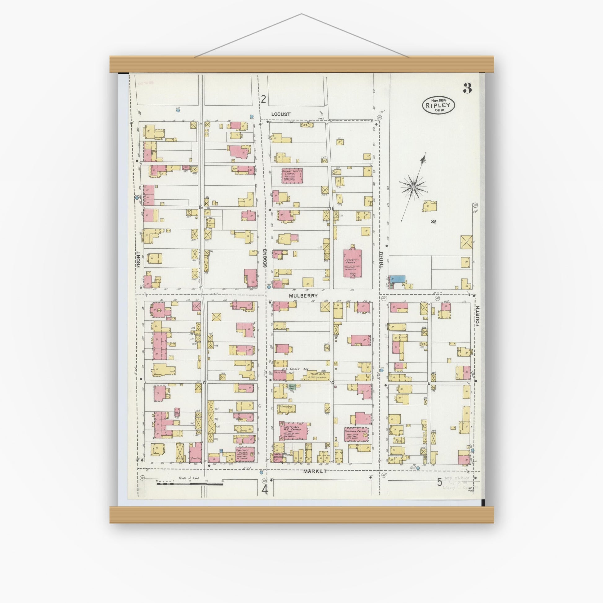 Old map wall art mockup — magnetic wood frame on white wall — Sanborn Fire Insurance Map from Ripley, Brown County, Ohio (1904), Sheet #0003