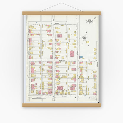 Old map wall art mockup — magnetic wood frame on white wall — Sanborn Fire Insurance Map from Ripley, Brown County, Ohio (1904), Sheet #0003