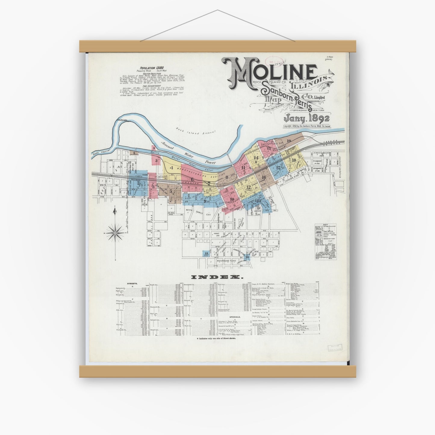 Old map wall art mockup — magnetic wood frame on white wall — Sanborn Fire Insurance Map from Moline, Rock Island County, Illinois (1892) - Complete Map Set