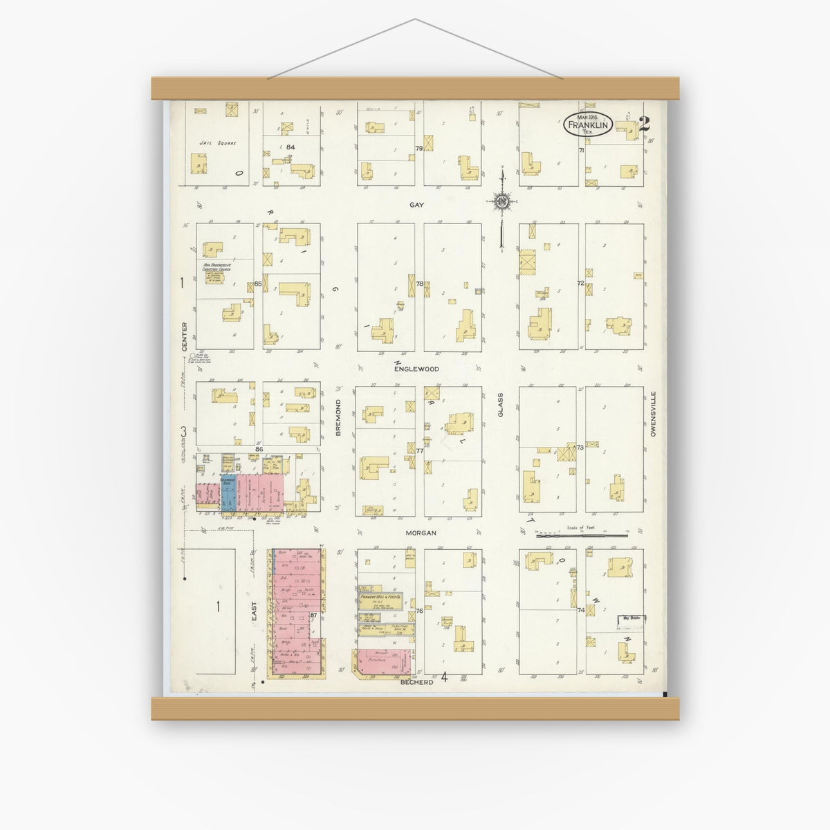 Old map wall art mockup — magnetic wood frame on white wall — Sanborn Fire Insurance Map from Franklin, Robertson County, Texas (1916), Sheet #0002