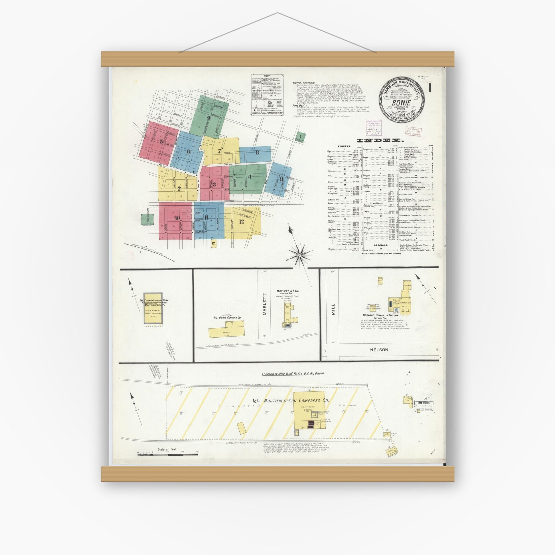 Old map wall art mockup — magnetic wood frame on white wall — Sanborn Fire Insurance Map from Bowie, Montague County, Texas (1908), Sheet #0001