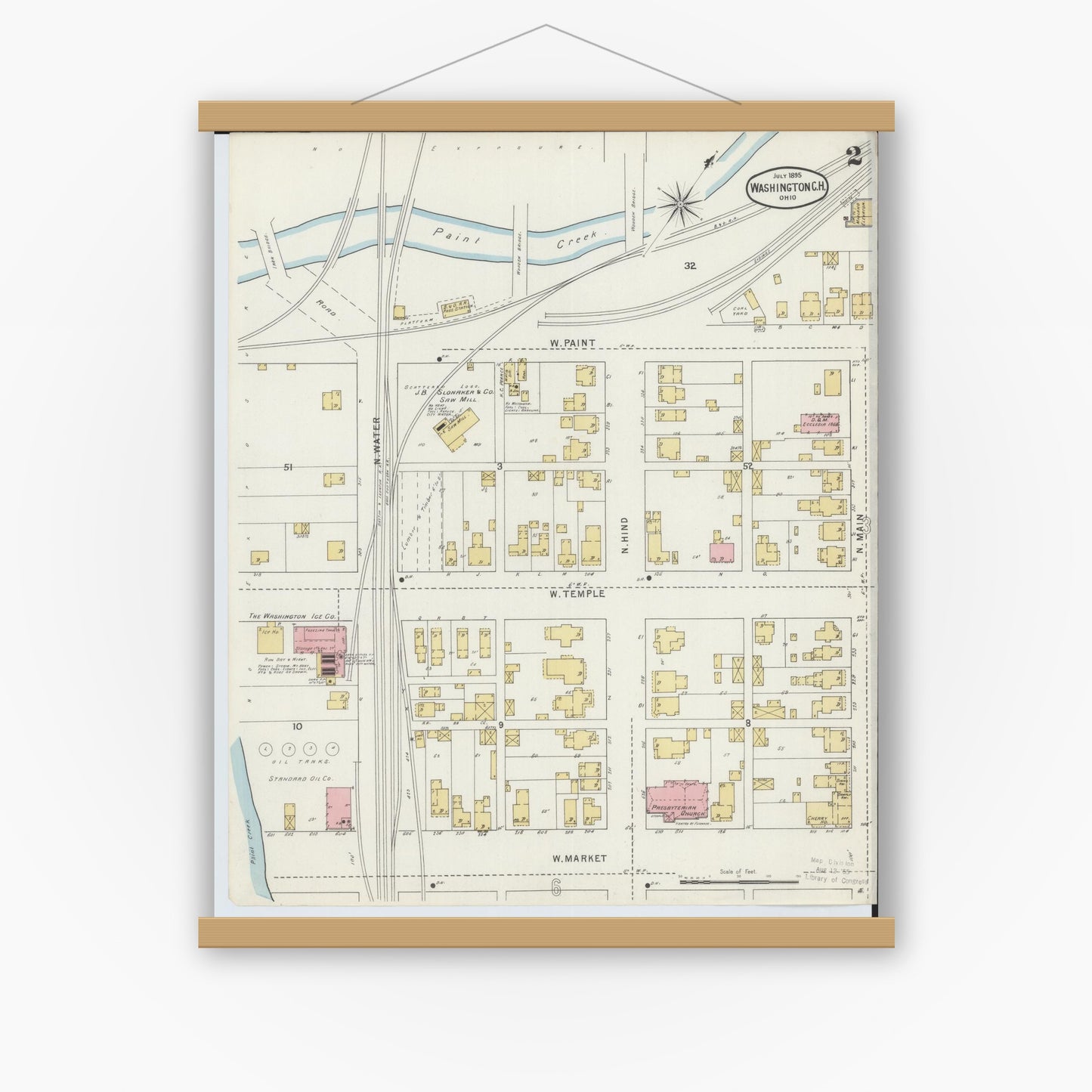 Old map wall art mockup — magnetic wood frame on white wall — Sanborn Fire Insurance Map from Washington Court House, Fayette County, Ohio (1895), Sheet #0002