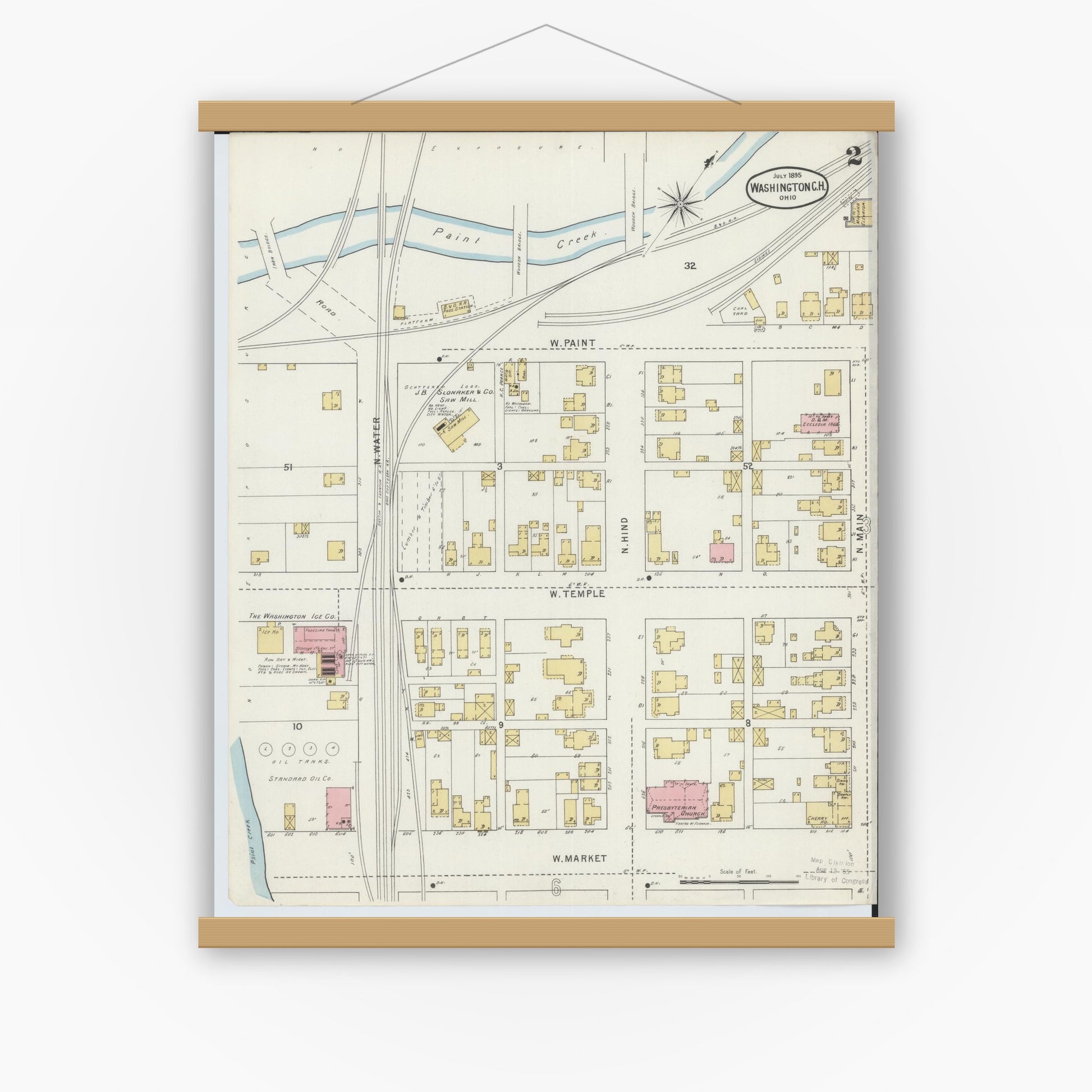 Old map wall art mockup — magnetic wood frame on white wall — Sanborn Fire Insurance Map from Washington Court House, Fayette County, Ohio (1895), Sheet #0002