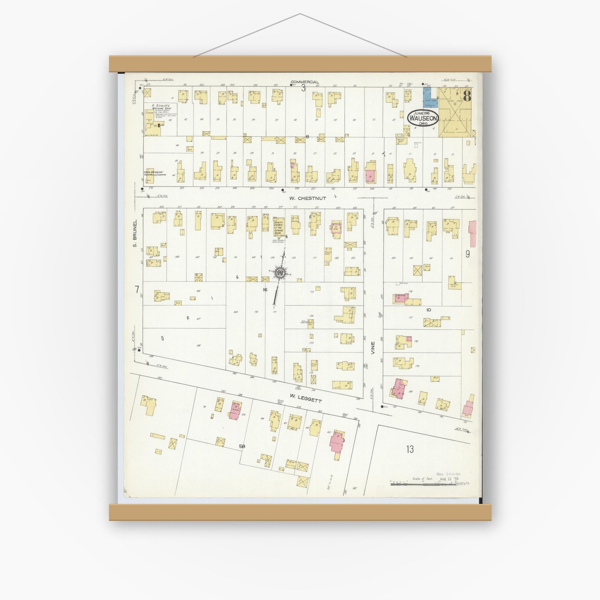 Old map wall art mockup — magnetic wood frame on white wall — Sanborn Fire Insurance Map from Wauseon, Fulton County, Ohio (1916), Sheet #0008