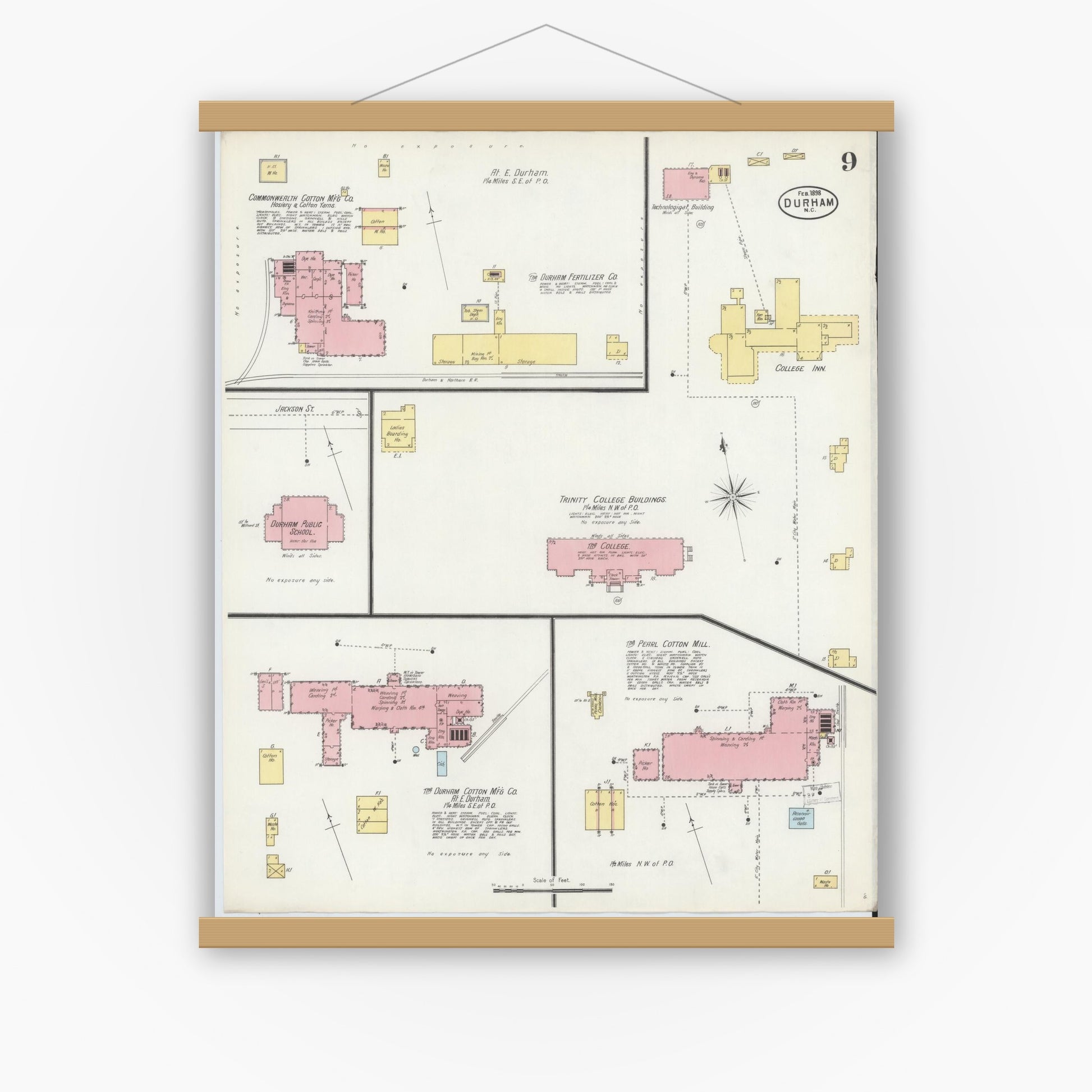 Old map wall art mockup — magnetic wood frame on white wall — Sanborn Fire Insurance Map from Durham, Durham County, North Carolina (1898), Sheet #0009