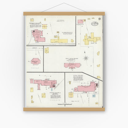 Old map wall art mockup — magnetic wood frame on white wall — Sanborn Fire Insurance Map from Durham, Durham County, North Carolina (1898), Sheet #0009