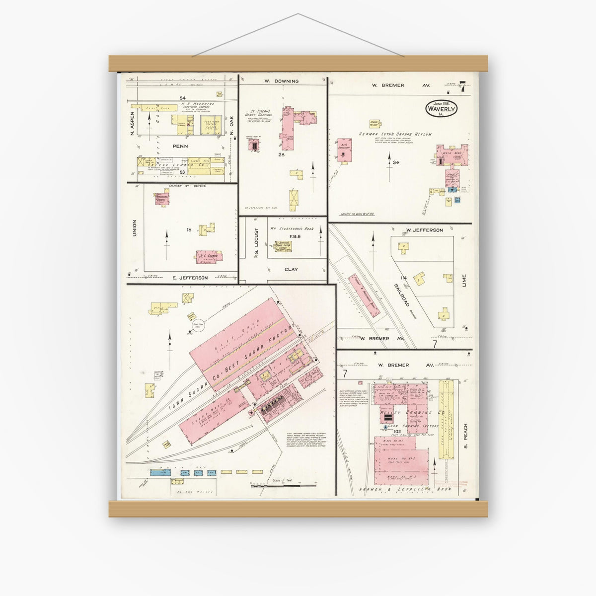 Old map wall art mockup — magnetic wood frame on white wall — Sanborn Fire Insurance Map from Waverly, Bremer County, Iowa (1915), Sheet #0007