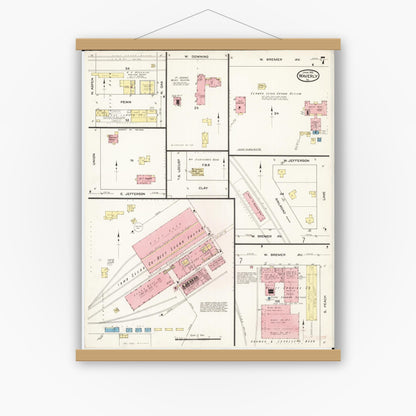 Old map wall art mockup — magnetic wood frame on white wall — Sanborn Fire Insurance Map from Waverly, Bremer County, Iowa (1915), Sheet #0007