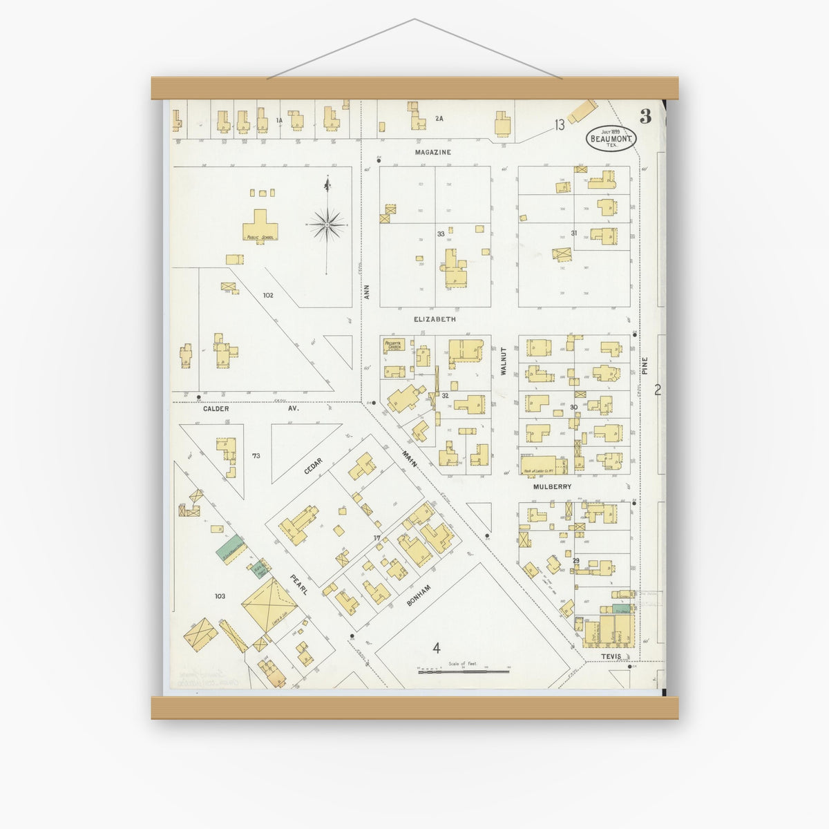 Old map wall art mockup — magnetic wood frame on white wall — Sanborn Fire Insurance Map from Beaumont, Jefferson County, Texas (1899), Sheet #0003