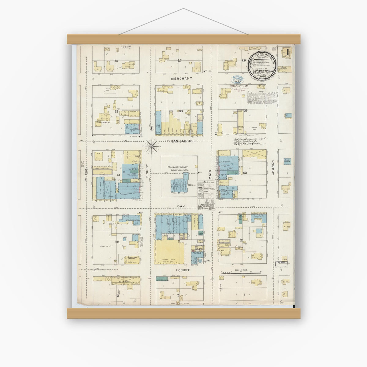 Old map wall art mockup — magnetic wood frame on white wall — Sanborn Fire Insurance Map from Georgetown, Williamson County, Texas (1894), Sheet #0001