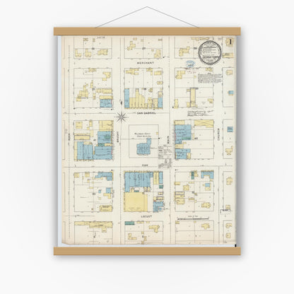Old map wall art mockup — magnetic wood frame on white wall — Sanborn Fire Insurance Map from Georgetown, Williamson County, Texas (1894), Sheet #0001