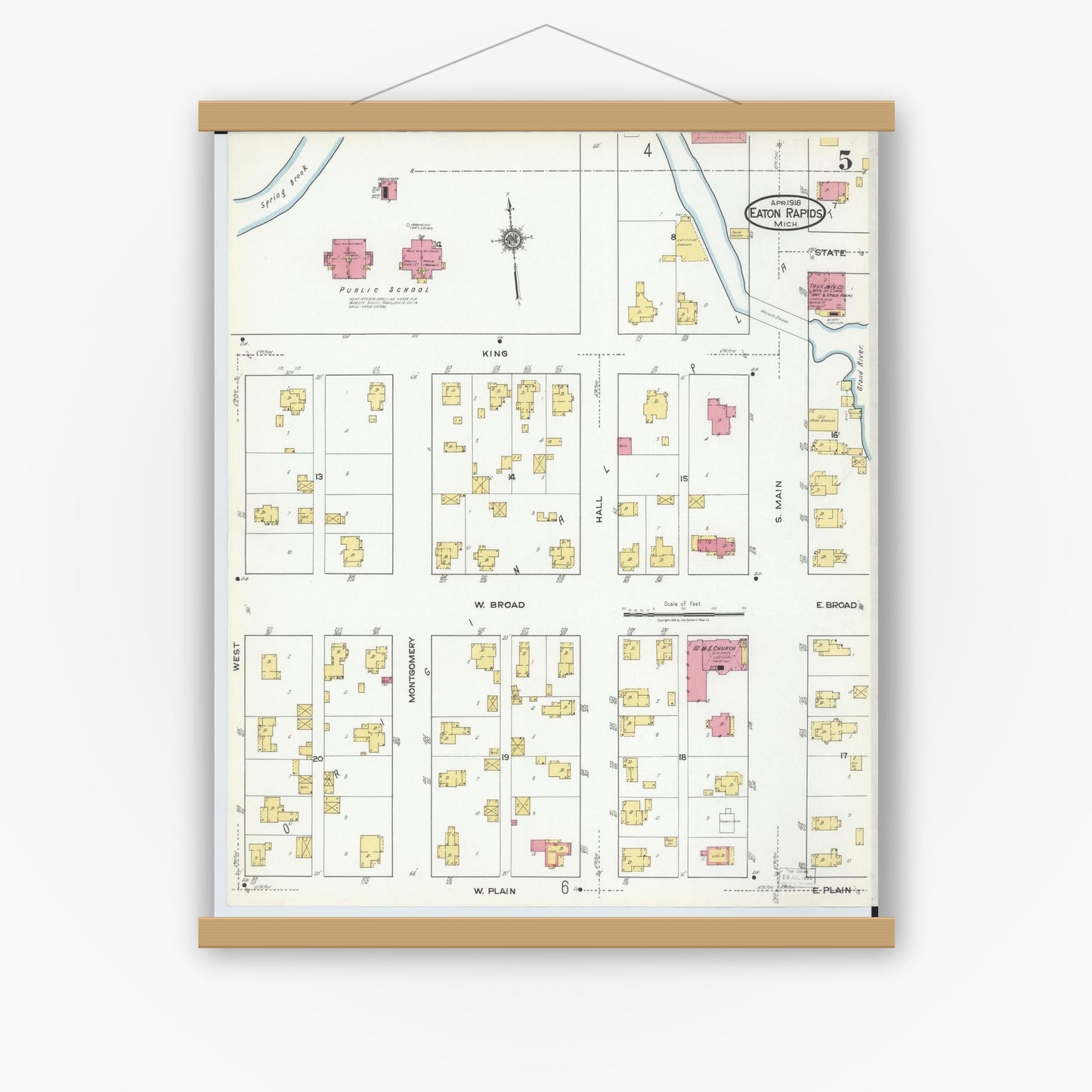 Old map wall art mockup — magnetic wood frame on white wall — Sanborn Fire Insurance Map from Eaton Rapids, Eaton County, Michigan (1918), Sheet #0005