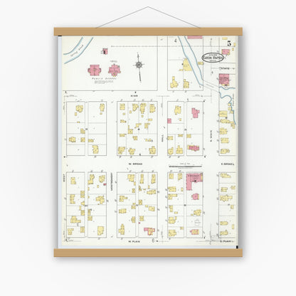 Old map wall art mockup — magnetic wood frame on white wall — Sanborn Fire Insurance Map from Eaton Rapids, Eaton County, Michigan (1918), Sheet #0005