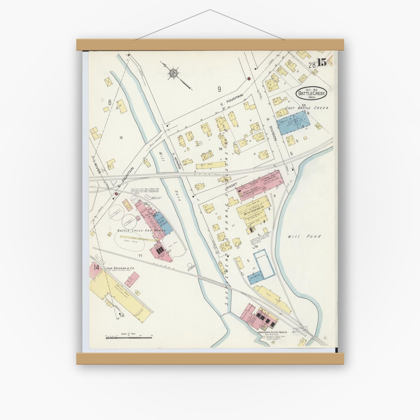 Old map wall art mockup — magnetic wood frame on white wall — Sanborn Fire Insurance Map from Battle Creek, Calhoun County, Michigan (1913), Sheet #0015