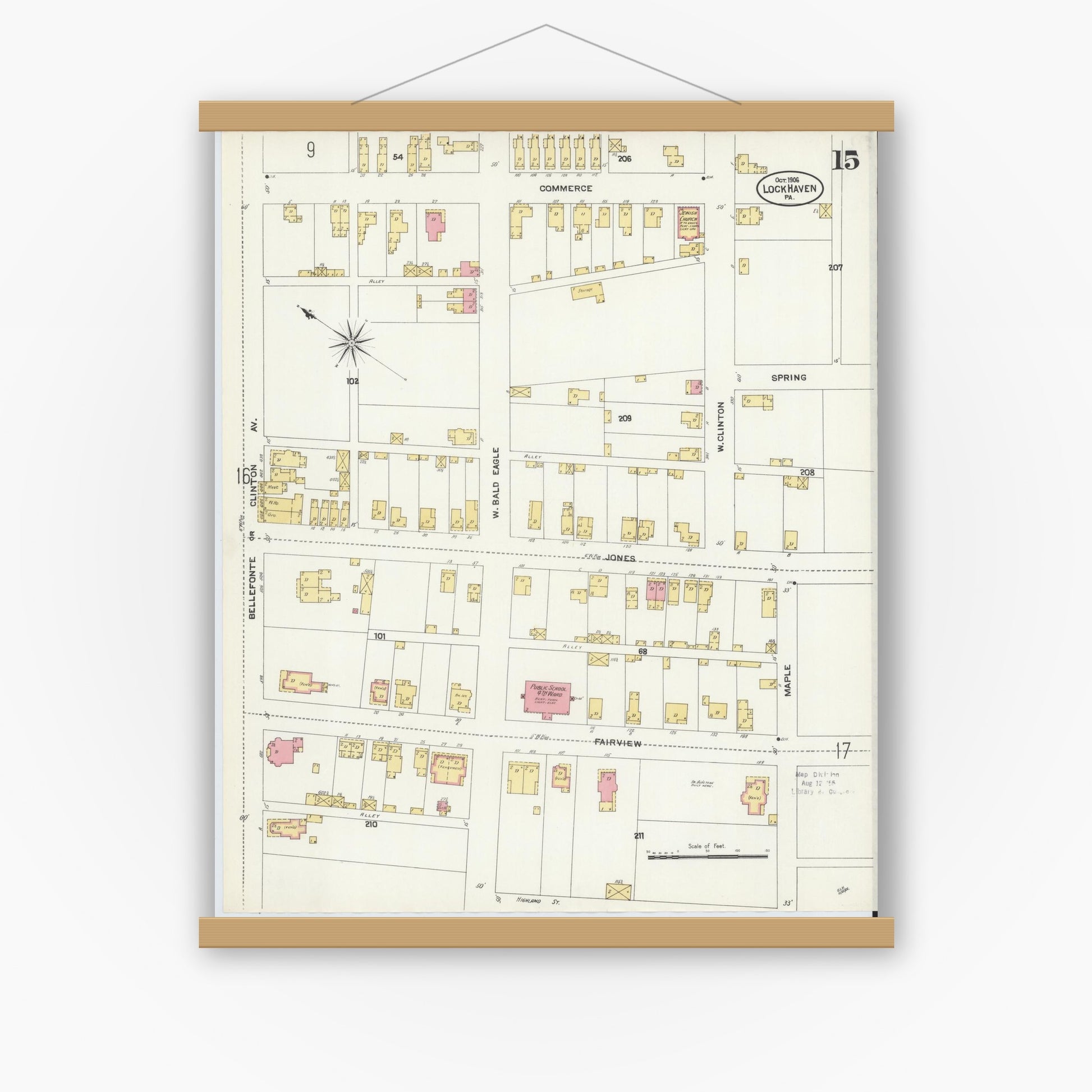 Old map wall art mockup — magnetic wood frame on white wall — Sanborn Fire Insurance Map from Lock Haven, Clinton County, Pennsylvania (1906), Sheet #0015